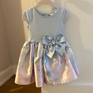 H&M Light Blue Top Unicorn Print Party Dress with Satin Bow